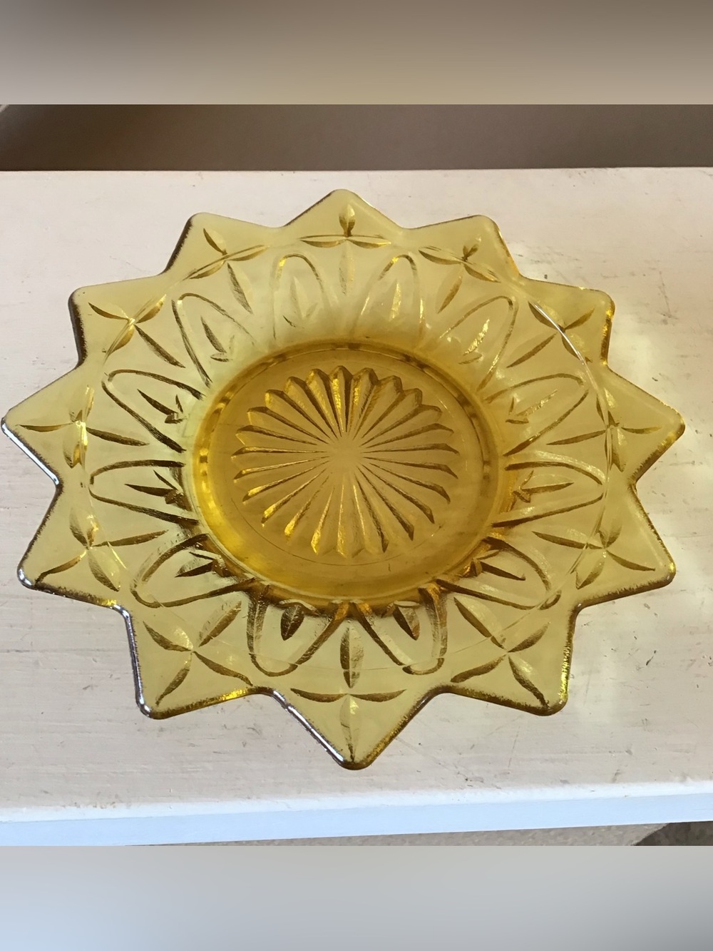 Vintage Federal Glass Amber Starburst Candle Holder Trinket Dish
